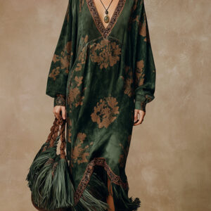 Elegant Embroidered Faux Suede Maxi Dress for Women – Relaxed Fit with Tassel Details
