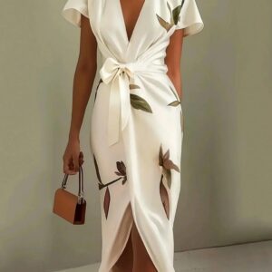 Luxuriously Elegant Flattering Wrap LeafPrinted SilkSateen Waist Defining Belt Dress
