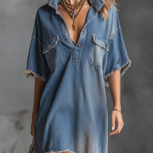 Women’s Blue Denim Mini Dress – Casual Frayed Edge Short Sleeve Stylish Dress