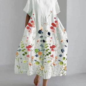 Women's Long Floral Dress with Lightweight Fabric and Relaxed Fit