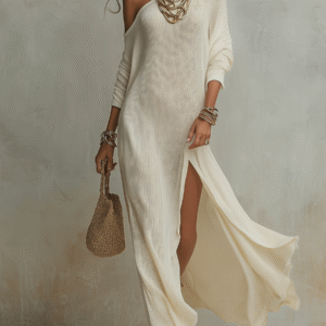 Women’s Ivory Knit Maxi Dress – Luxurious Off Shoulder Textured Drape Silhouette Dress