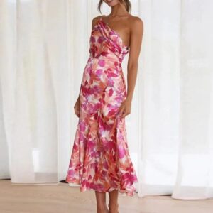 Glamorous One Shoulder Floral Pattern Exquisite Asymmetrical Detailing Maxi Dress