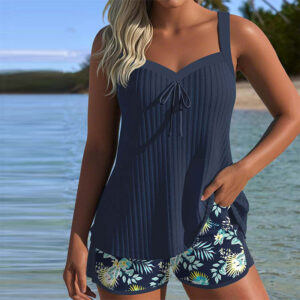 Women's Striped Tankini with Tummy Control and Adjustable Straps