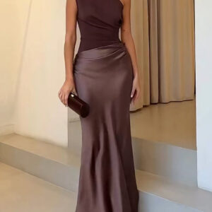 Exquisite One Shoulder Pleated Georgette Velvet Showstopper Silhouette Maxi Dress