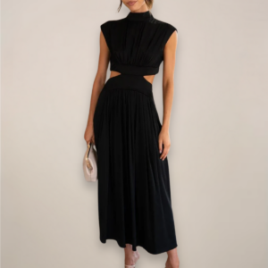 Women’s Crepe Georgette Maxi Dress – Sophisticated Turtleneck Cap Sleeve Cutout Waist Dress