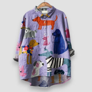 Women's Casual Shirt with Dog Print and Short Sleeves