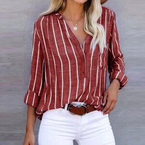 Women's Casual Blouse with Striped Pattern and Short Sleeves