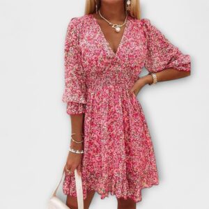 Women's Floral Dress with Puff Sleeves and A-Line Silhouette