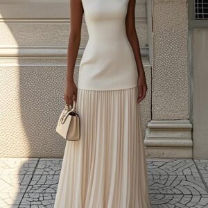 Graceful Silhouette Enhancing Sleeveless Pleated Flowing Evening Elegant Maxi Dress