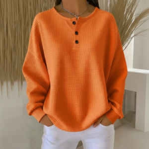 Women's Waffle Knit Sweater with Relaxed Fit and Long Sleeves