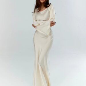 Luxurious Draped Long-Sleeve Satin Evening Floor-Length Maxi Silhouette Elegant Dress