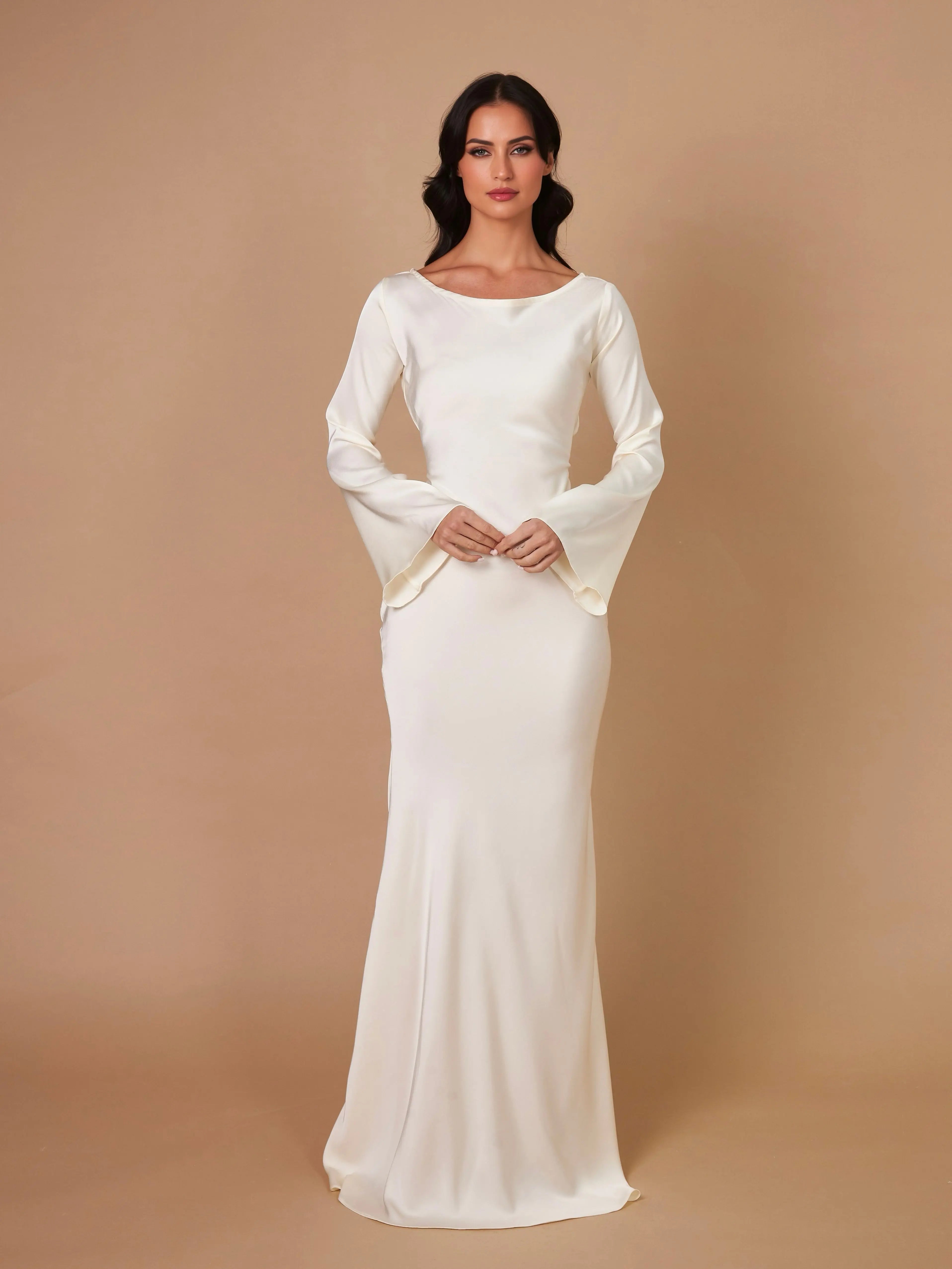 Luxurious Draped Long-Sleeve Satin Evening Floor-Length Maxi Silhouette Elegant Dress - Image 11