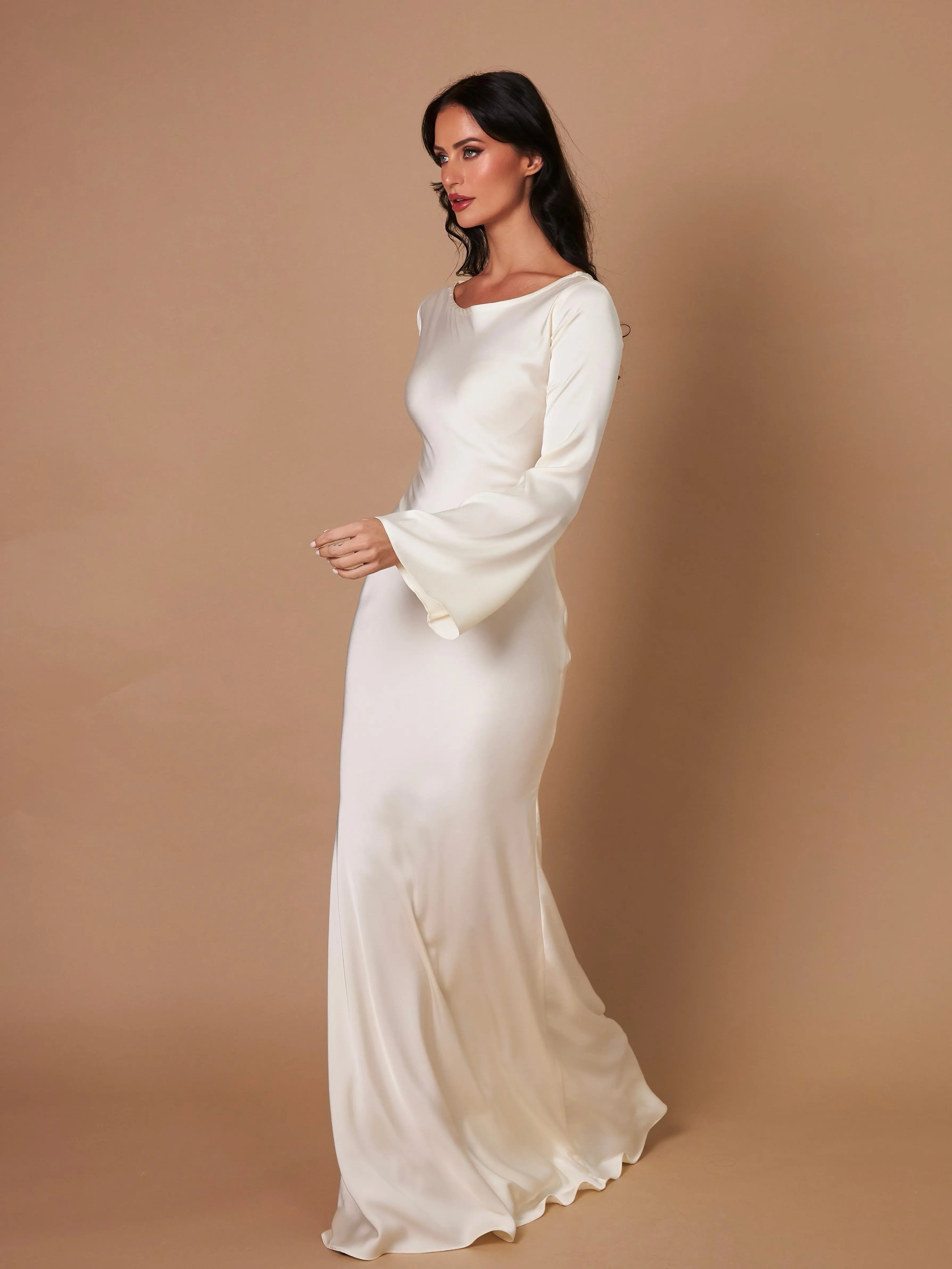 Luxurious Draped Long-Sleeve Satin Evening Floor-Length Maxi Silhouette Elegant Dress - Image 12