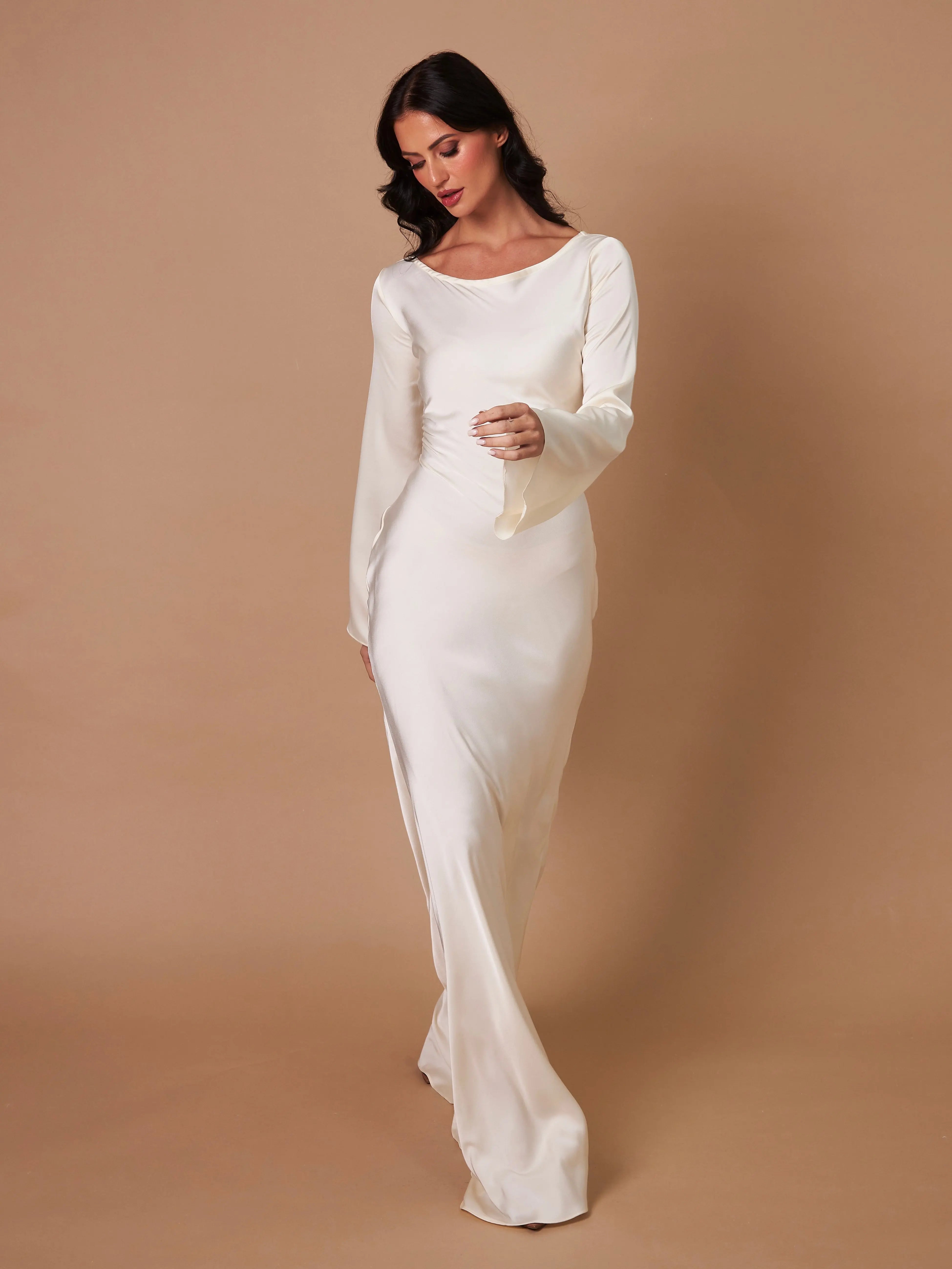 Luxurious Draped Long-Sleeve Satin Evening Floor-Length Maxi Silhouette Elegant Dress - Image 13