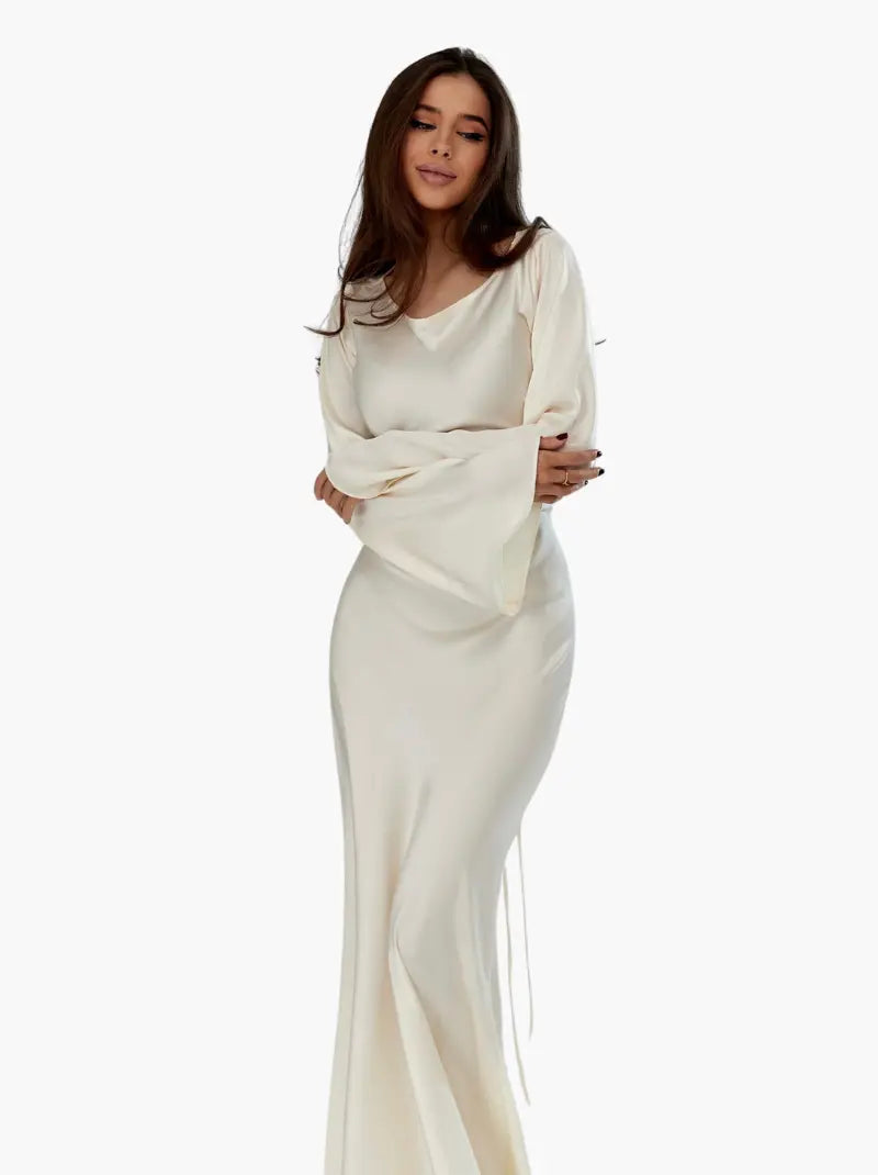 Luxurious Draped Long-Sleeve Satin Evening Floor-Length Maxi Silhouette Elegant Dress - Image 23