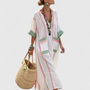 Women’s Linen Blend Kaftan Maxi Dress – Deep V-Neck Stripe Print Airy Flow Dress