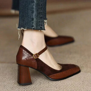 Women's Square Toe Block Heel Pumps with Ankle Strap and Brogue Design