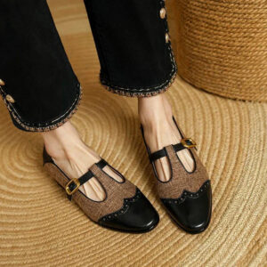 Women's Vintage Low Heel Shoes with T-Strap Design and Two-Tone Style