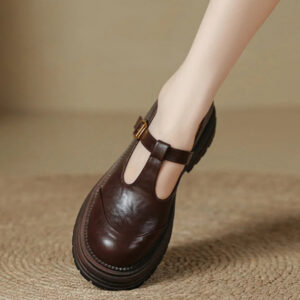 Women's T-Bar Brogue Shoes with Round Toe and Low Heel