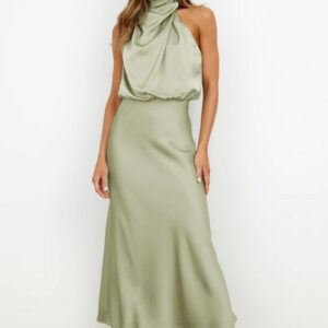Women's Halter Evening Dress with A-Line Silhouette and Back Tie