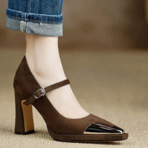 Women's High Heel Pumps with Cap Toe and Block Heel