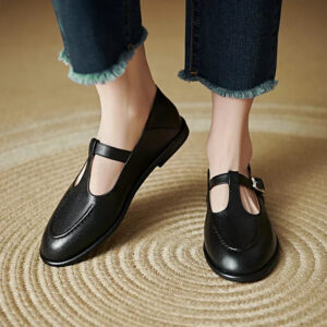 Women's T-Strap Flats with Round Toe and Low Heel
