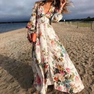 Luxurious Bohemian Floral Print Georgette With Ultra-Soft Long-Sleeve Maxi Dress
