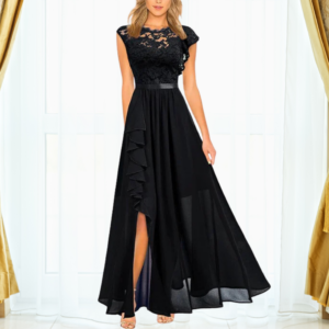 Romantic Exquisitely Embroidered Lacework Chiffon Maxi With Regal Ruffle Dress