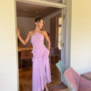 Timelessly Halter Neckline Pleated Crepe With Radiant Cascading Silhouette Dress