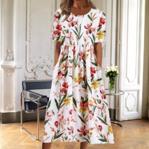 Women's Floral Dress with Short Sleeves and A-Line Silhouette