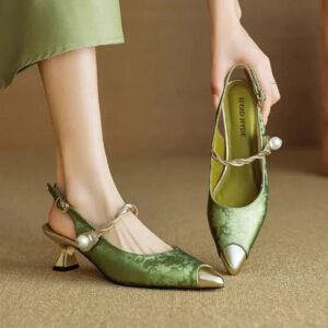 Women's Slingback Kitten Heels with Pearl Strap and Pointed Toe