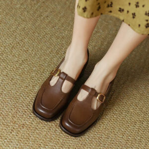 Women's T-Strap Low Block Heel Shoes with Square Toe and Adjustable Strap