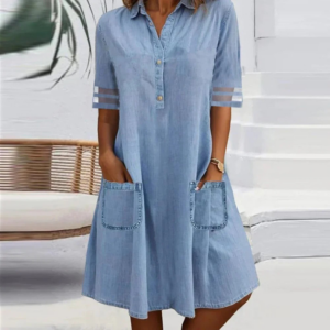 Women's Denim Mini Dress with Side Pockets and Casual Style