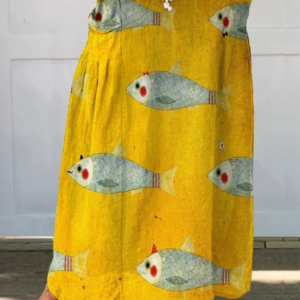 Women's Pocket Skirt with Vintage Fish Art Print and Versatile Design