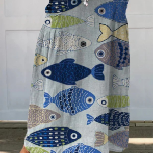 Women's Pocket Skirt with Vintage Fish Art Print and Versatile Style