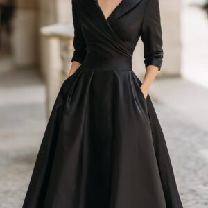 Vintage Inspired Draped Shawl Collar Black Satin Elegantly Fitted Bodice Midi Dress