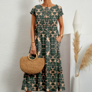 Women's Floral Dress with A-Line Silhouette and Short Sleeves