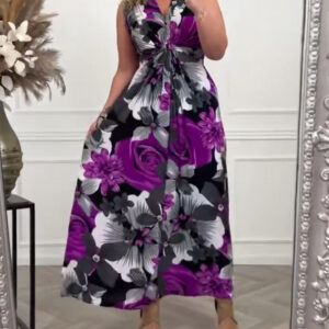 Women’s Purple Black Floral Maxi Dress – V-Neck Tie Front Cinched Waist Elegant Dress