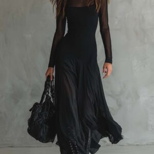 Enchanting Vintage Inspired Featherweight Fabric Delicate Sheer Sleeves Maxi Dress