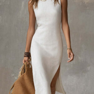 Luxurious Sleeveless Stand Collar Cotton Linen Texturized Breathability Midi Dress