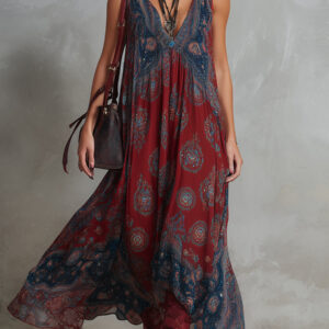 Luxuriously-Crafted Ethnic-Print Chiffon V-Neck Sleeveless Maxi Dress Everyday Wear