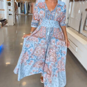Women’s Boho Chic Paisley Maxi Dress – V-Neck Lightweight Cotton Blend Three-Quarter Sleeve Dress