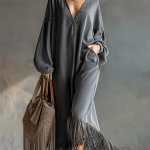 Women’s Grey Denim Maxi Dress – Elegant Long Sleeve Tassel Hem Everyday Wear Dress
