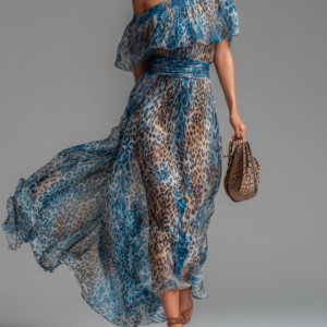 Luxurious Off-The-Shoulder Leopard-Print Chiffon For Everyday Elegant Wear Maxi Dress