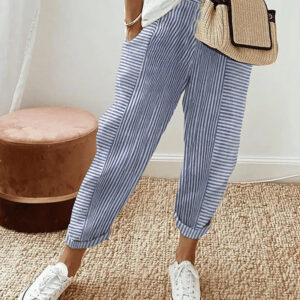 Women's Striped Trousers with Relaxed Fit and Elastic Waist