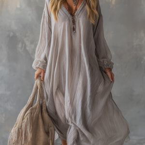 Effortlessly Elegant V-neck Crinkled Textured Chiffon Lined Relaxed Fit Maxi Dress