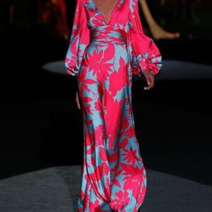 Women’s Botanical Print Satin Maxi Dress – Deep V-Neck Puff Sleeve Elegant Dress