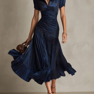 Glamorous Timeless Retro Striped Satin Pleated Silhouette Evening Luxe Midi Dress