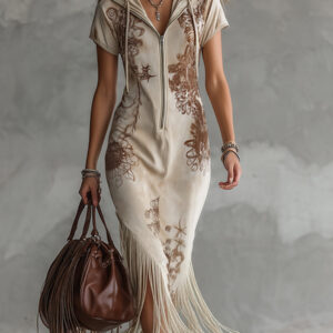 Exquisite Hooded Antique Print Faux Suede Off White Maxi Dress