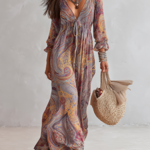 Women’s Bohemian Paisley Maxi Dress – Elegant Luxe Crepe V-Neck Long Sleeve Dress